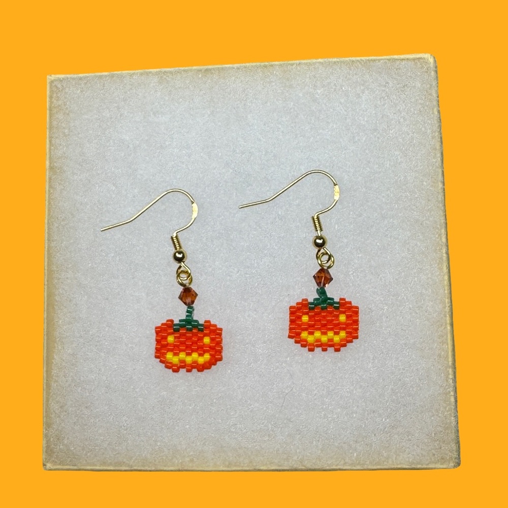 Handcrafted Small Beaded Pumpkin Jack O Lantern Earrings - Gold Plated - Picture 7 of 7